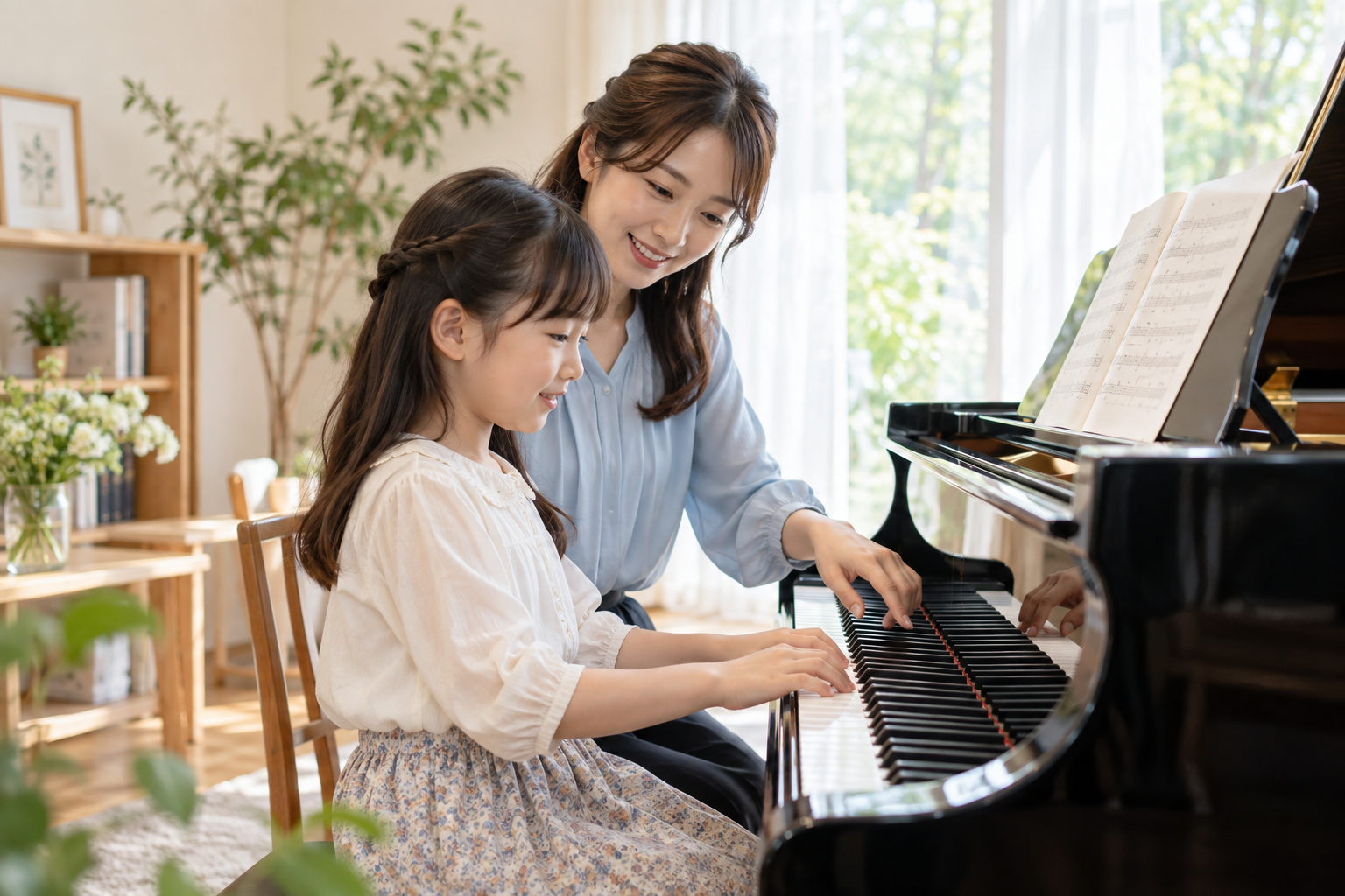 明るいピアノ教室で、先生と一緒に鍵盤に向かう子どものイメージ